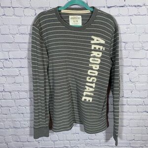 Aeropostale Mens Y2K Striped Long Sleeve Thermal Tee Gray Cream Sz XL 90s Casual